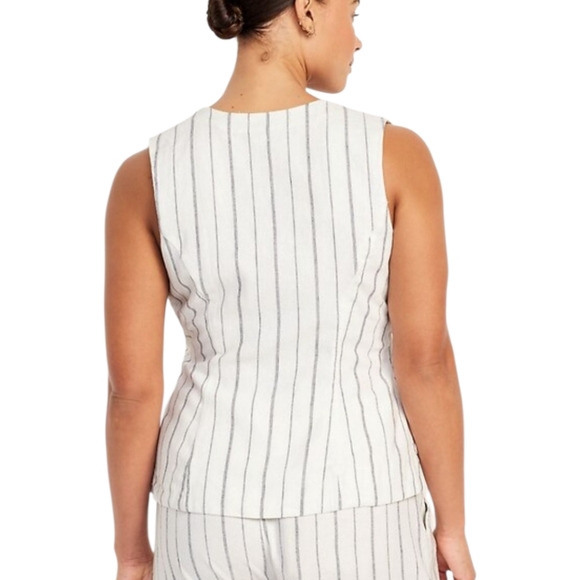 Old Navy 3X Linen Blend Side Tie Sleeveless Vest Off White With Navy Stripes - Picture 2 of 3